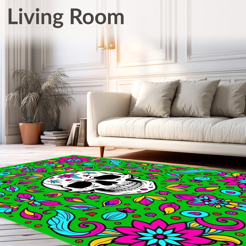 Vibrant Skull Floral Medallion Green Rug