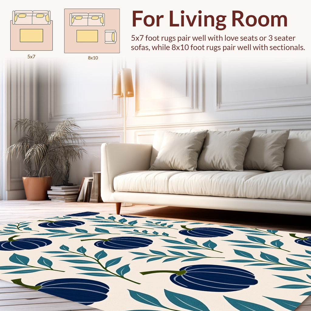 Deep Blue Pumpkin Botanical Pattern Rug