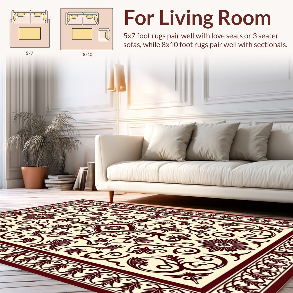 Elegant Floral Scrollwork Cream Rust Rug