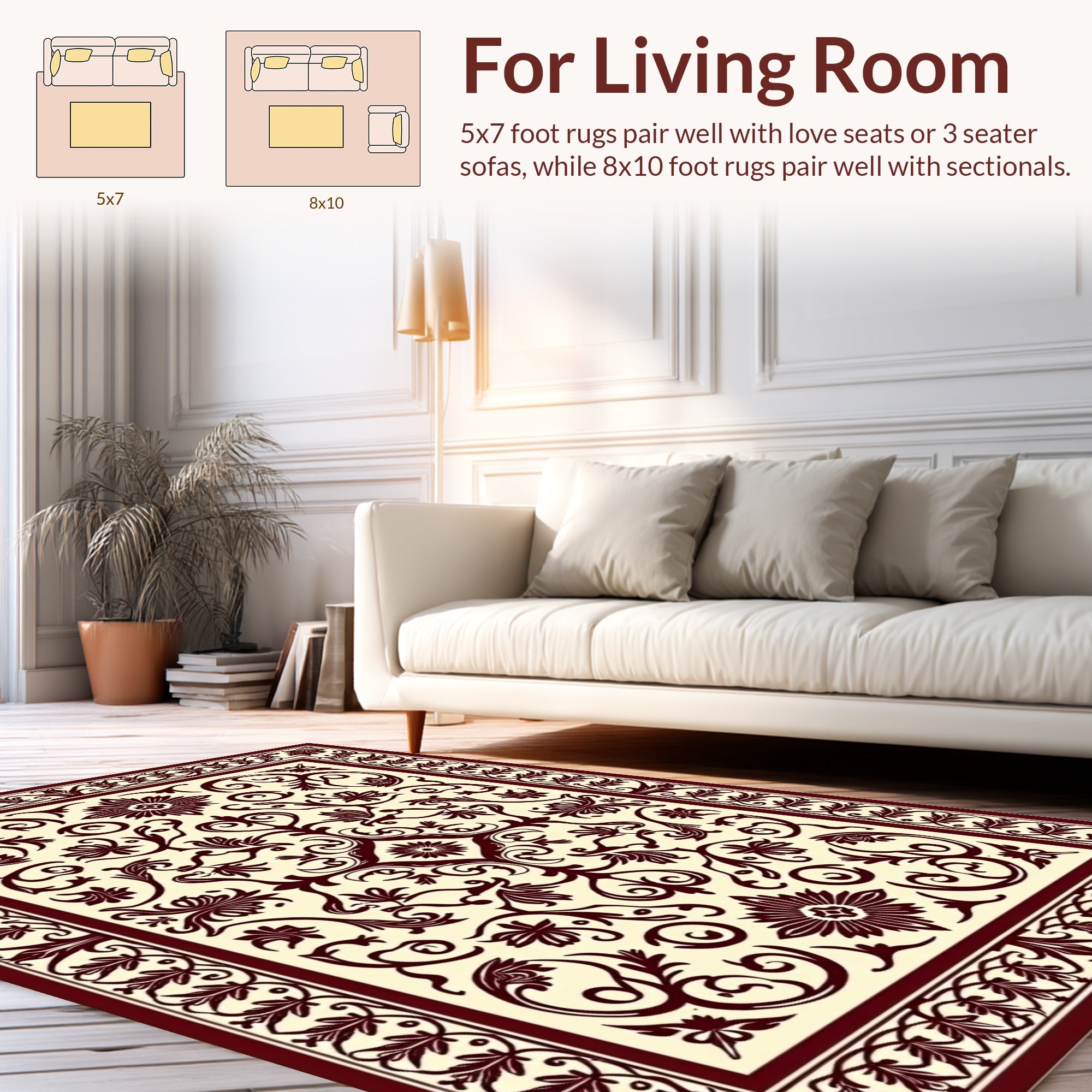 Elegant Floral Scrollwork Cream Rust Rug