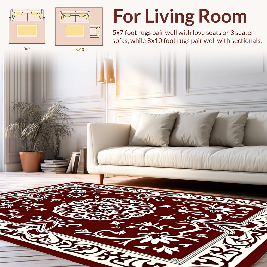 Deep Red Mandala Floral Border Design Rug