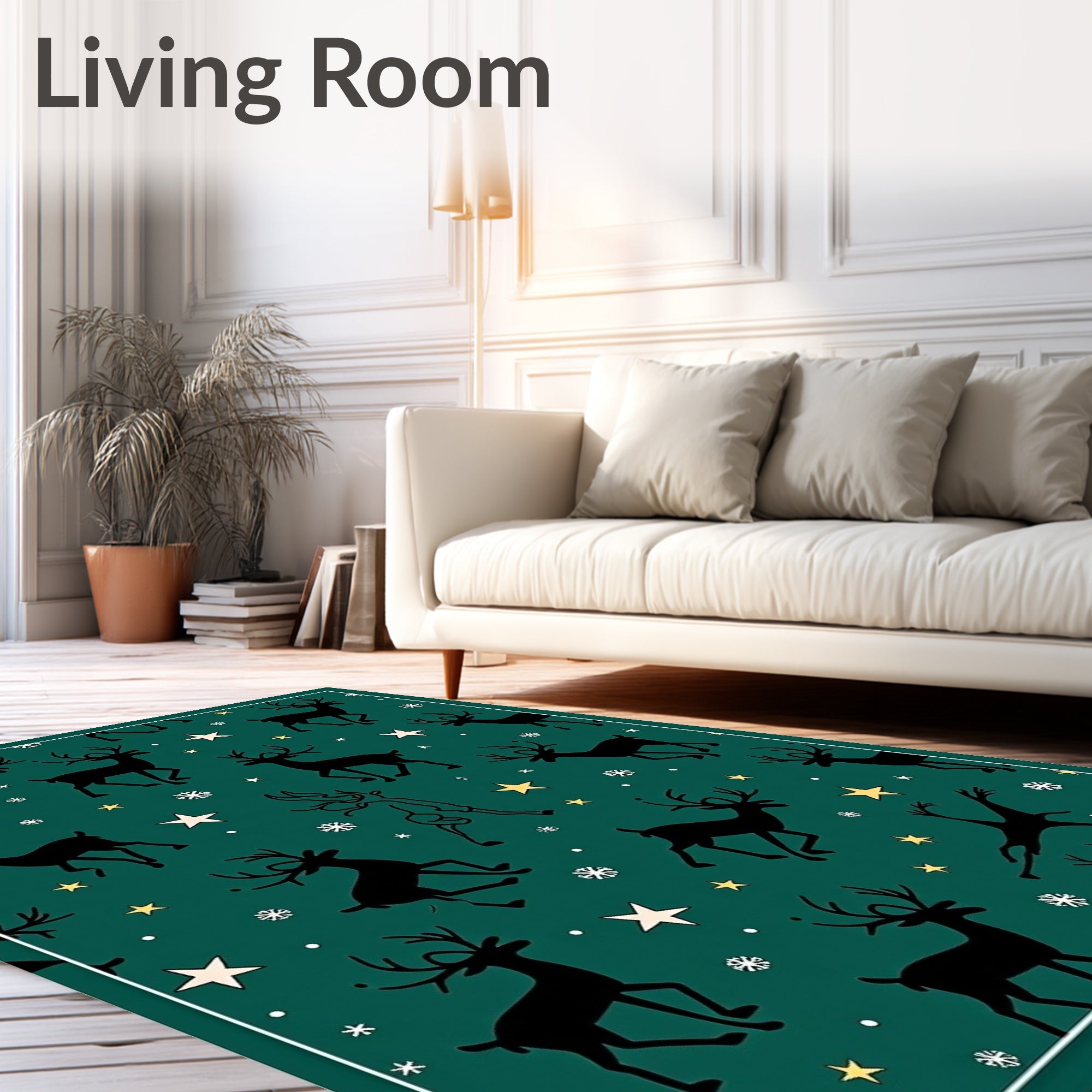 Emerald Green Reindeer Stars Snowflakes Rug