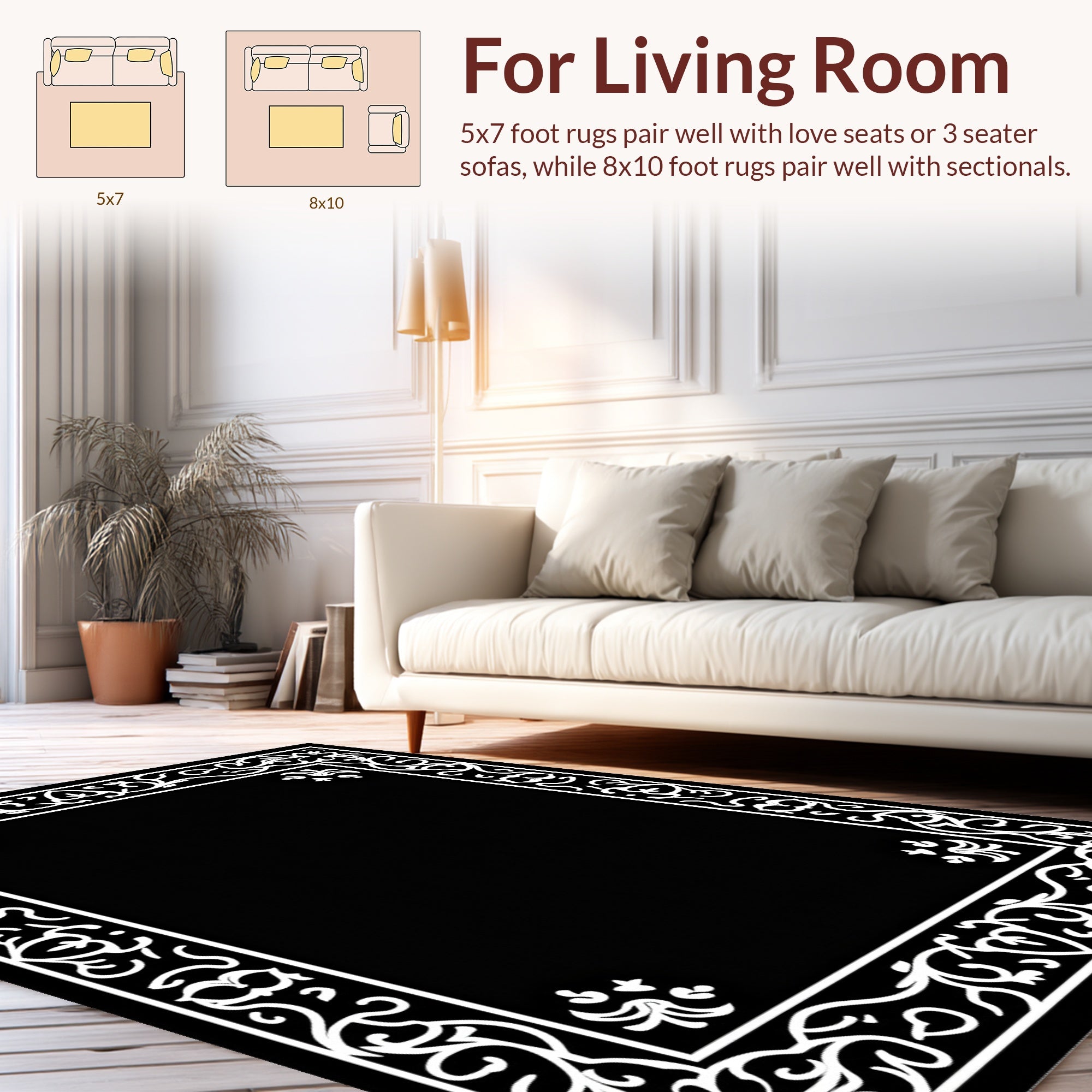 Elegant Black White Floral Vines Rug