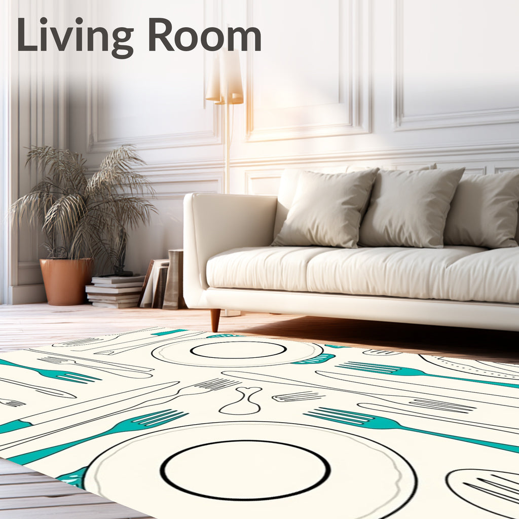 Teal Utensil Collection Cream Rug