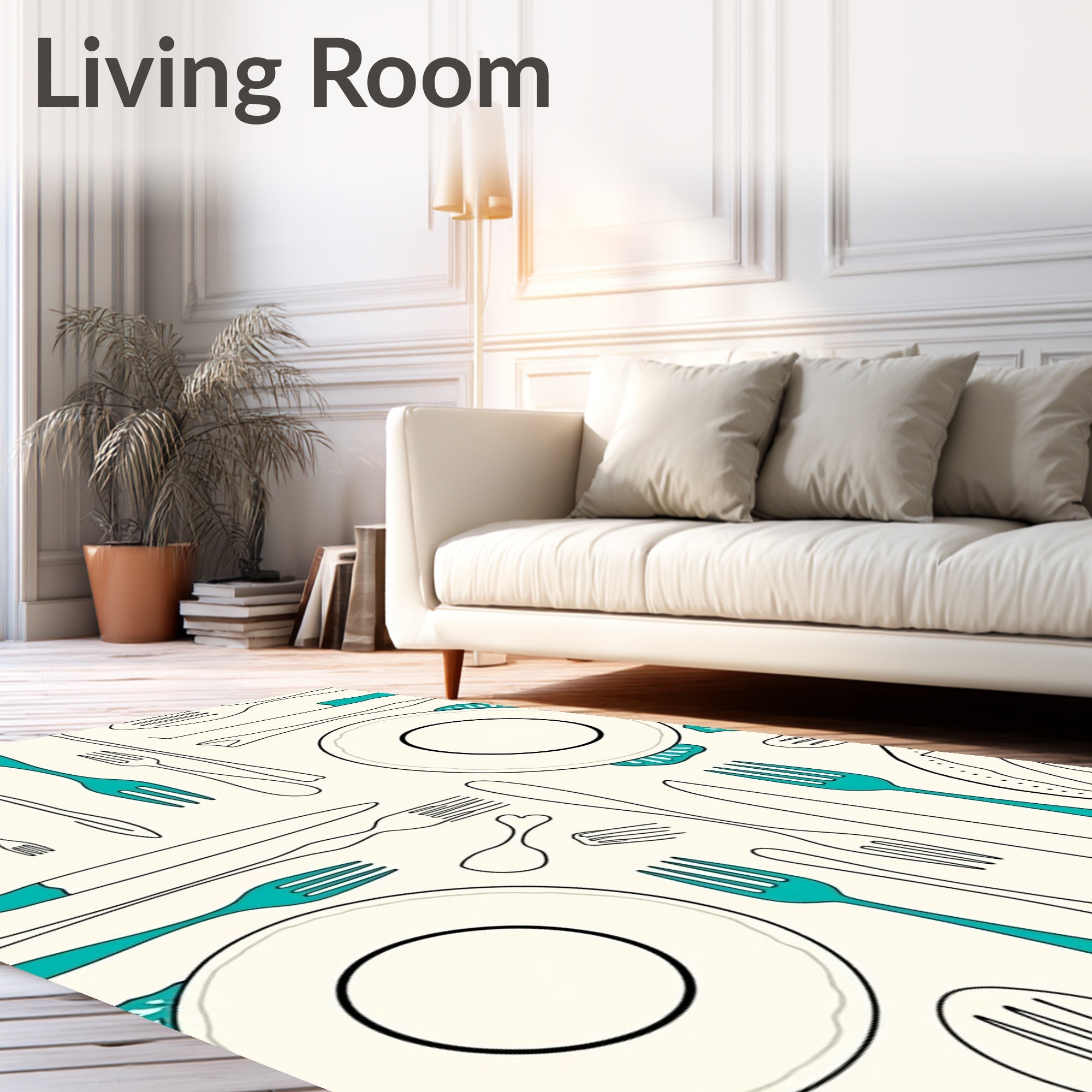 Teal Utensil Collection Cream Rug