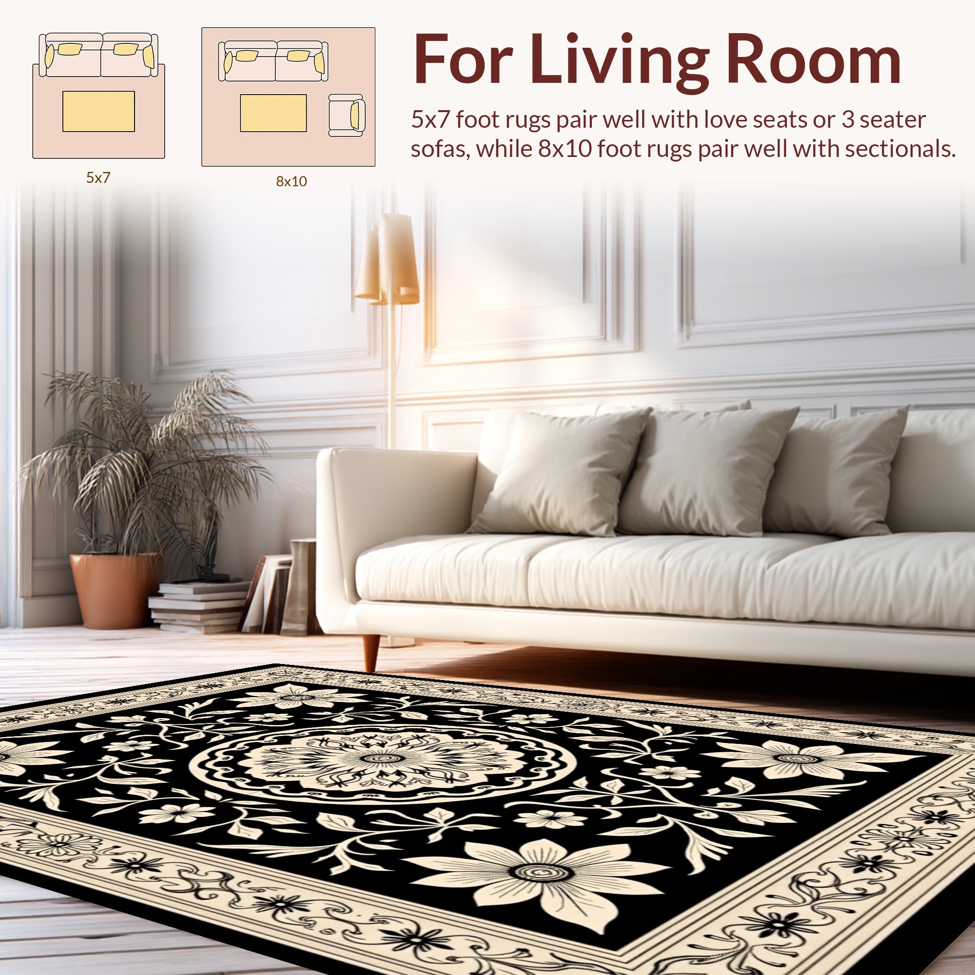 Black Cream Floral Medallion Pattern Rug