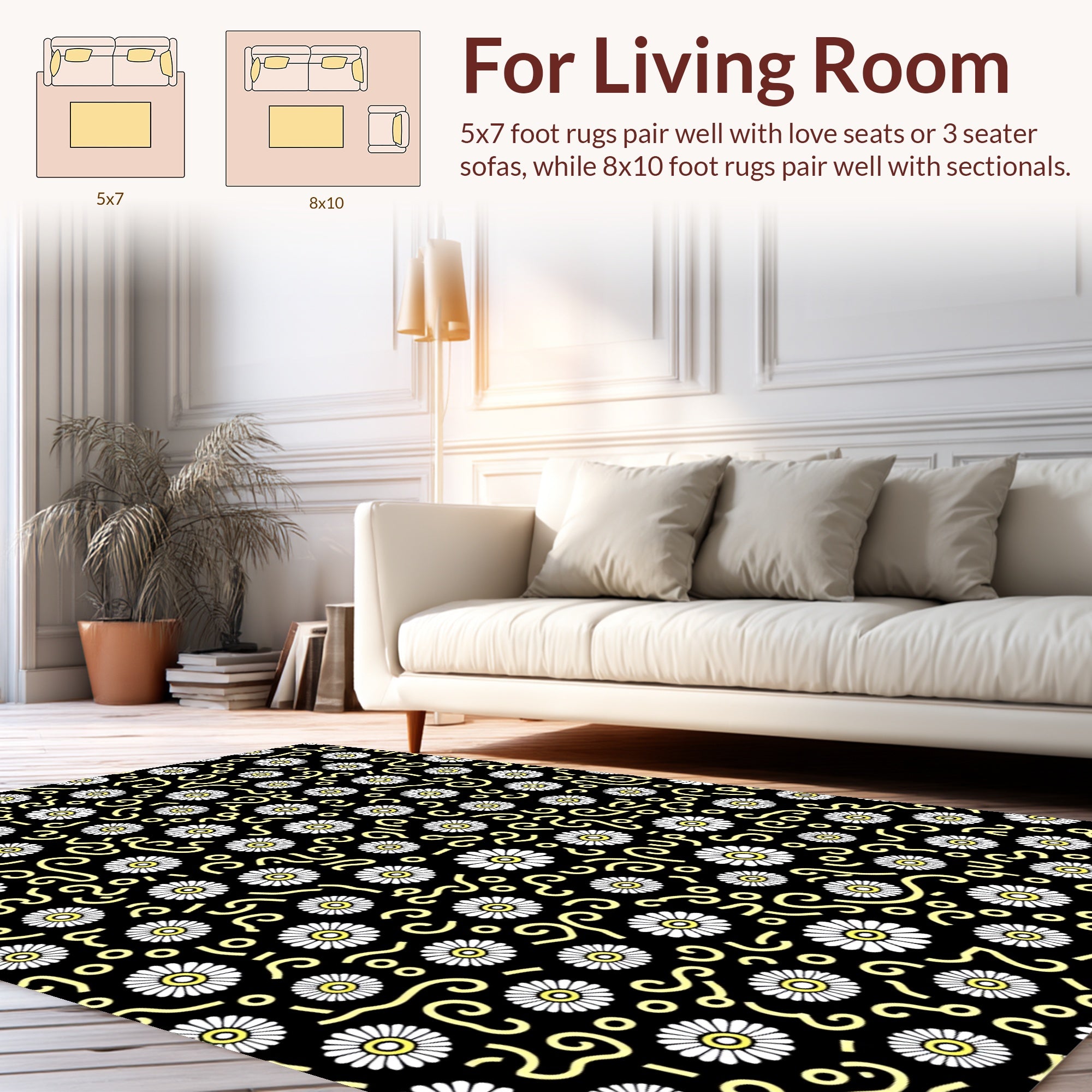Whimsical Daisy Pattern with Swirls Rug