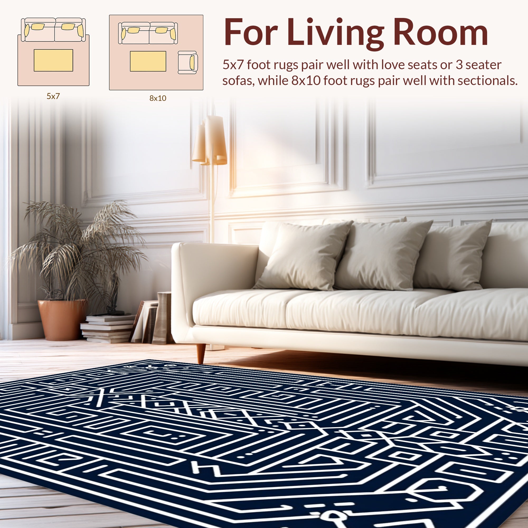 Intricate Geometric Maze White On Navy Rug