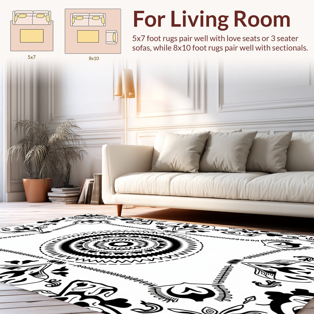 Bold Black White Floral Mandala Design Rug