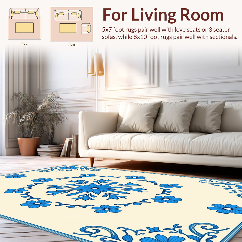 Classic Blue Floral Mandala Pattern Rug