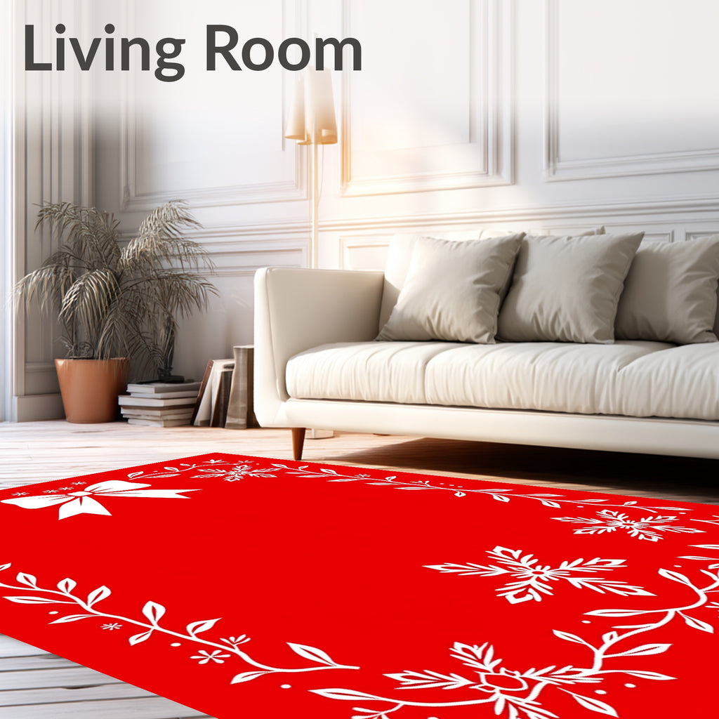 Red White Festive Snowflake Bow Border Rug