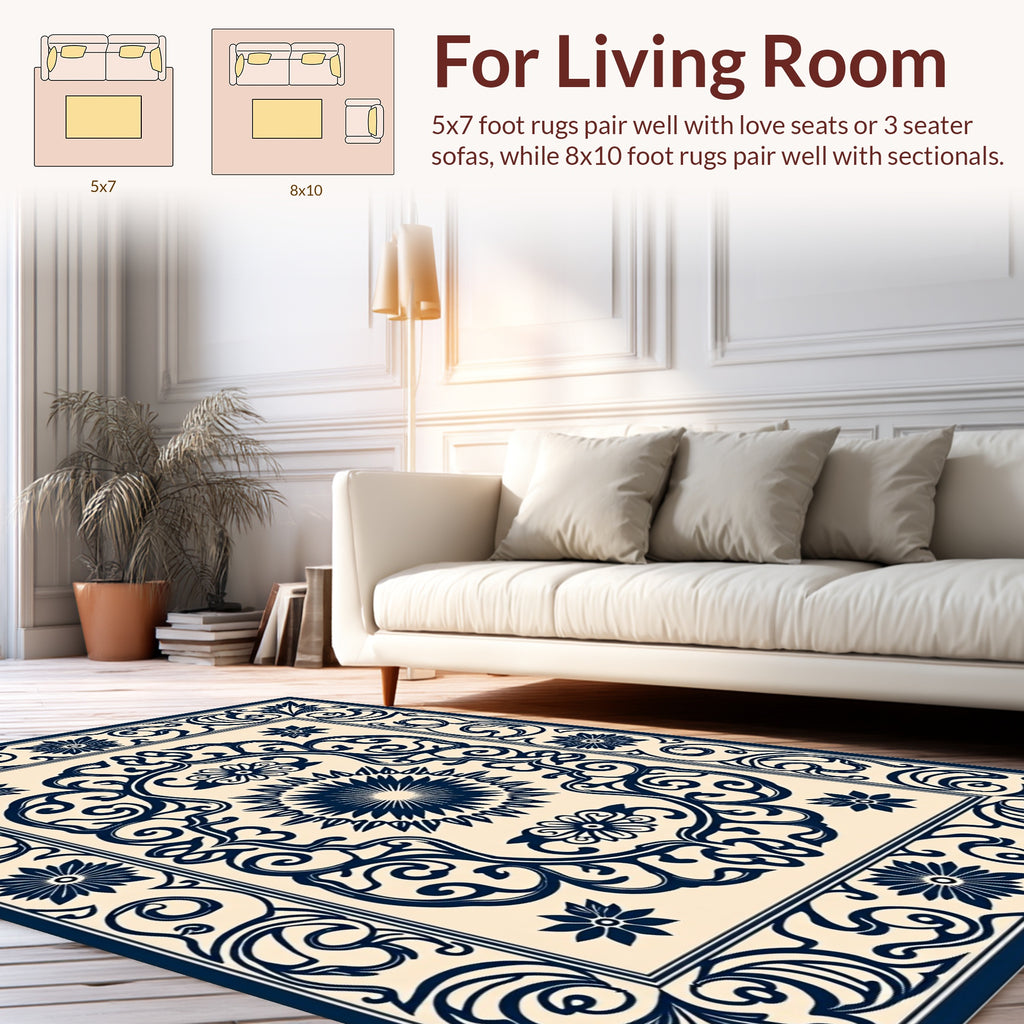 Navy Floral Intricate Centerpiece Border Rug
