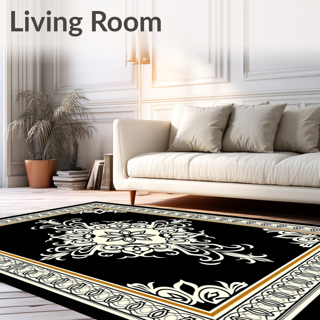 Classic Black Cream Scrollwork Floral Rug