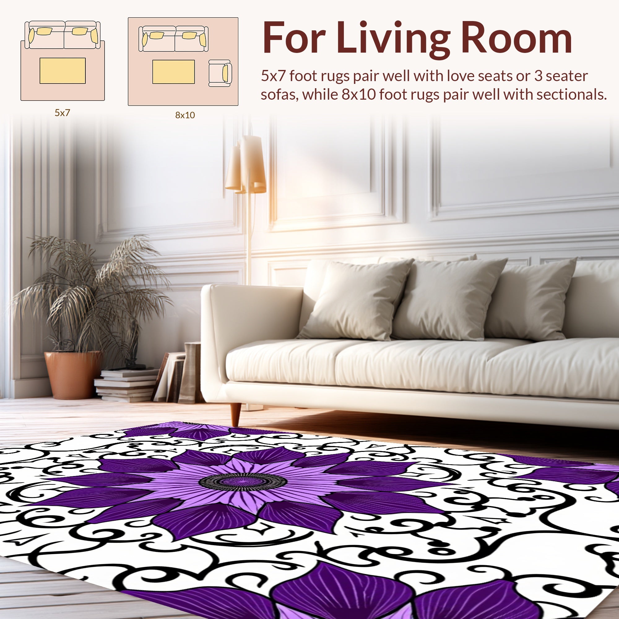 Purple Black Floral Symmetry Rug