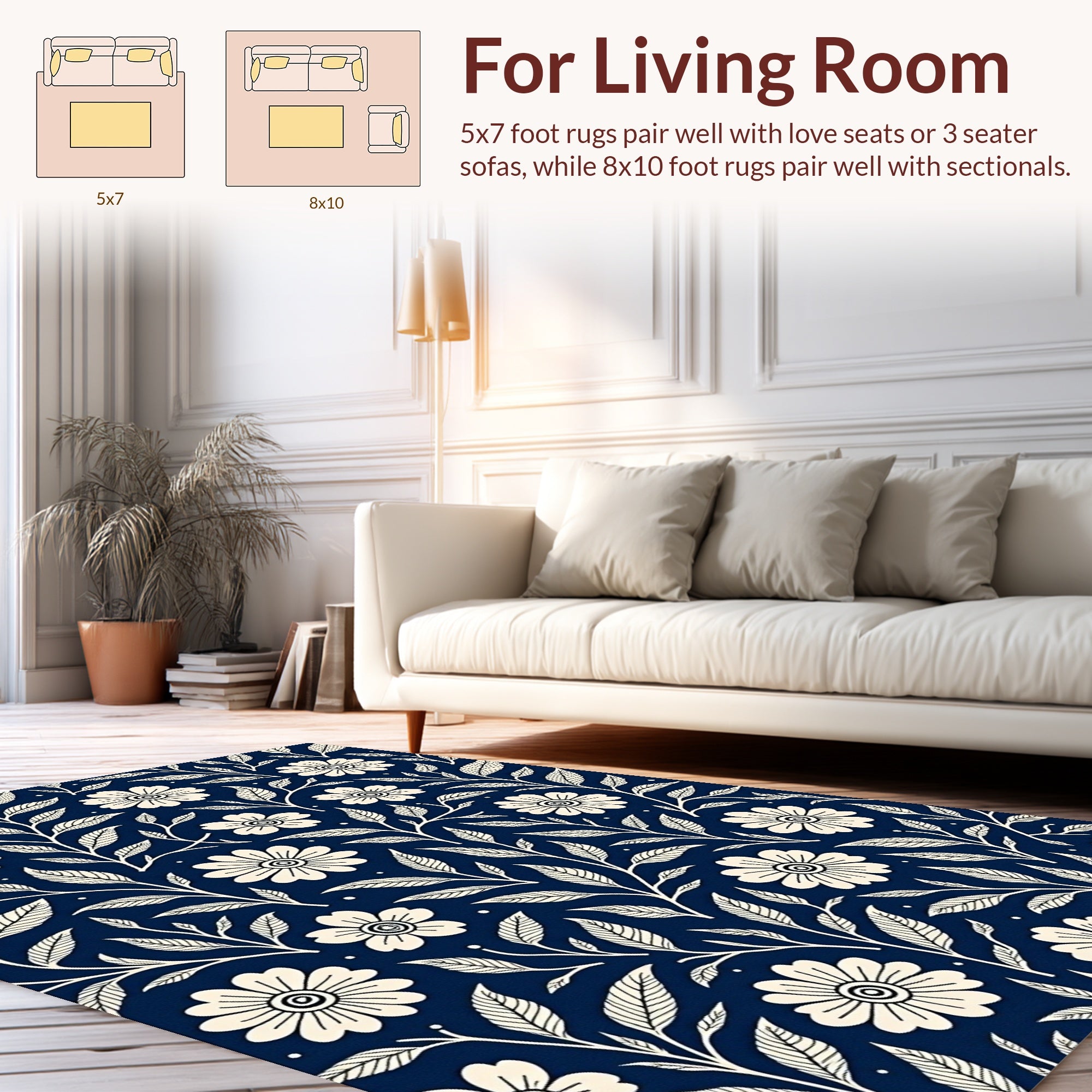 Cream Floral Vines On Navy Pattern Rug