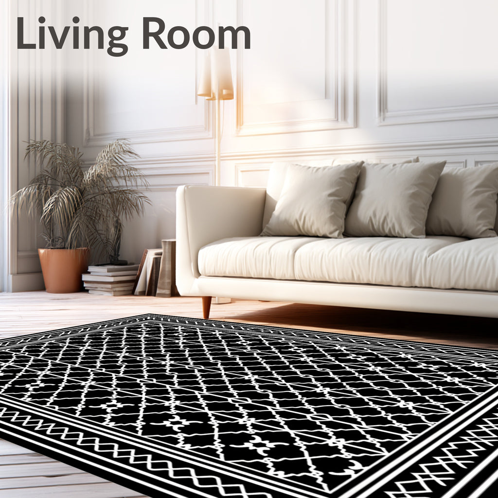 Black White Geometric Lattice Border Rug
