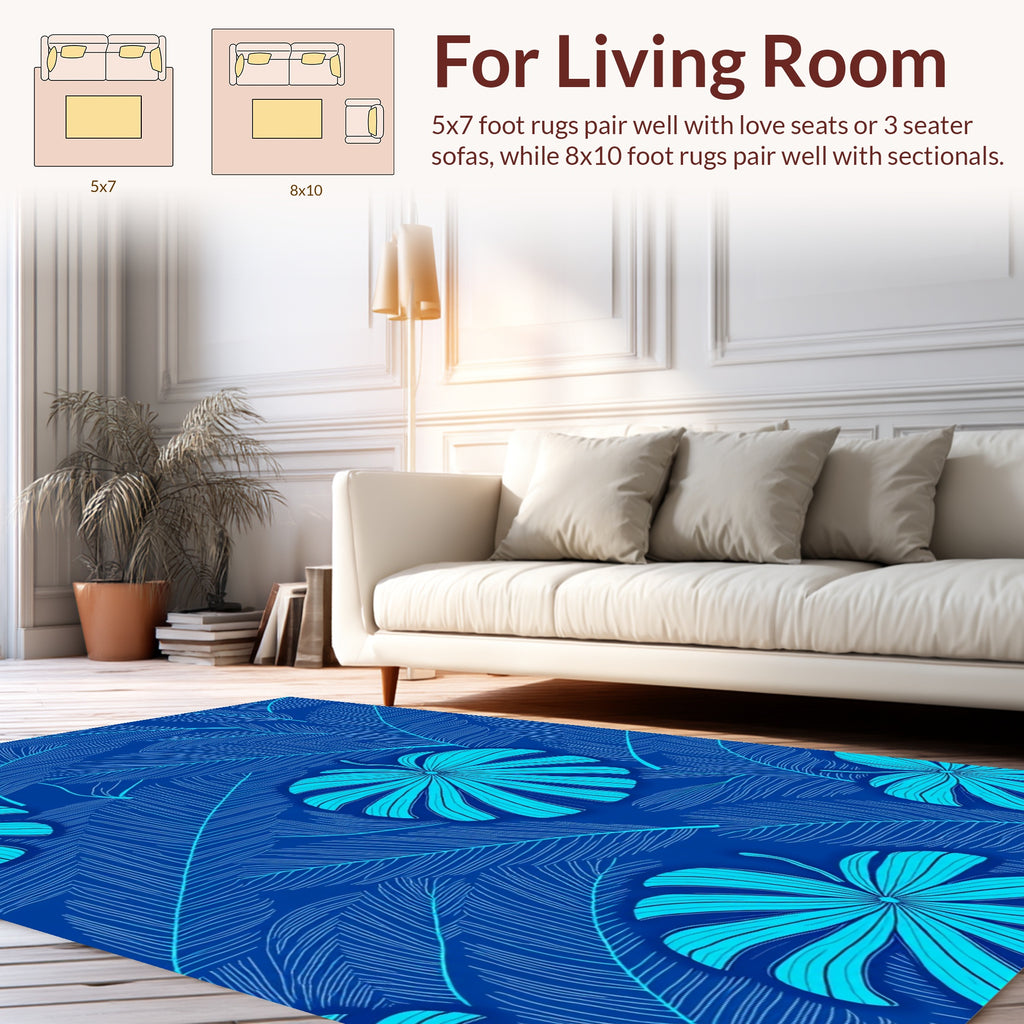 Tropical Leaf Pattern with Blue Tones Rug