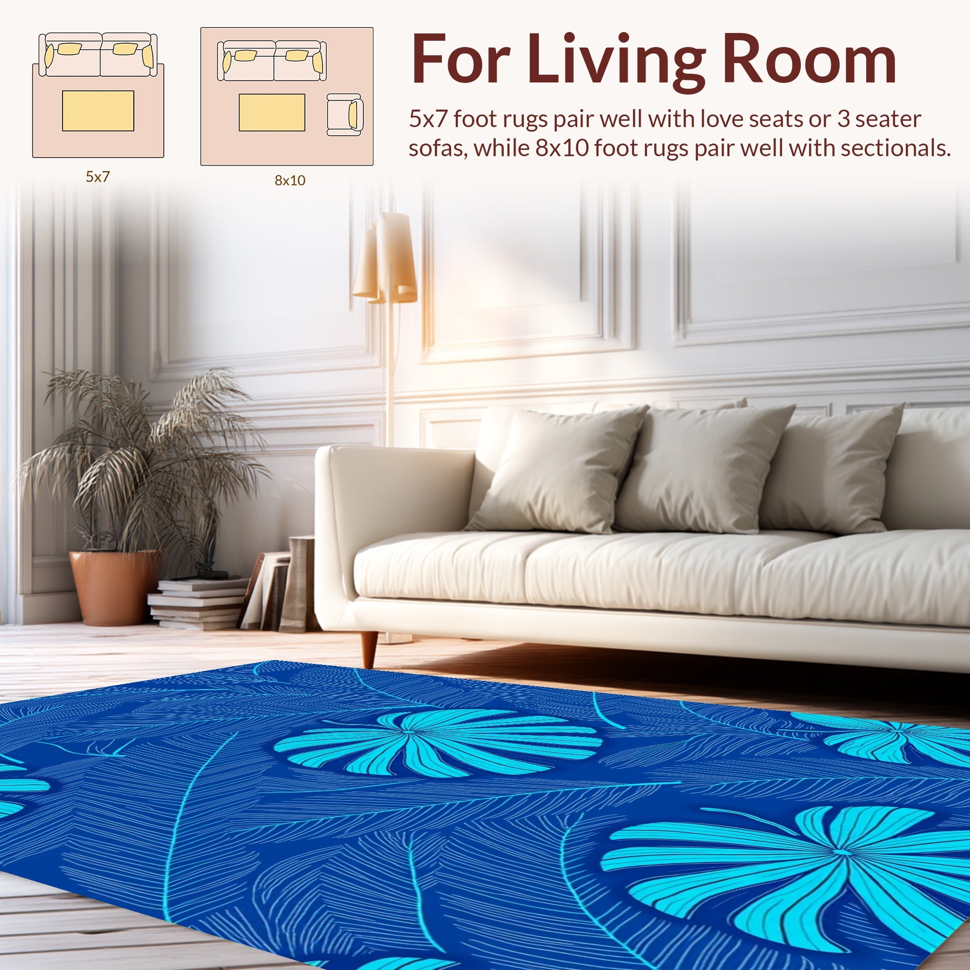Tropical Leaf Pattern with Blue Tones Rug