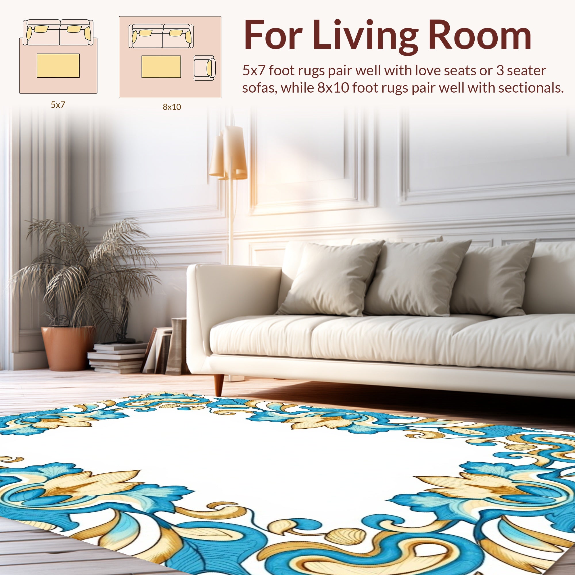 Elegant Blue Gold Floral Border Design Rug
