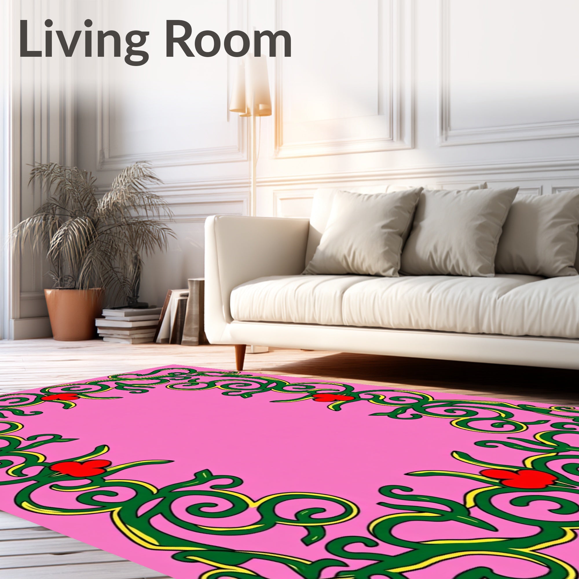 Whimsical Pink Green Red Floral Border Rug