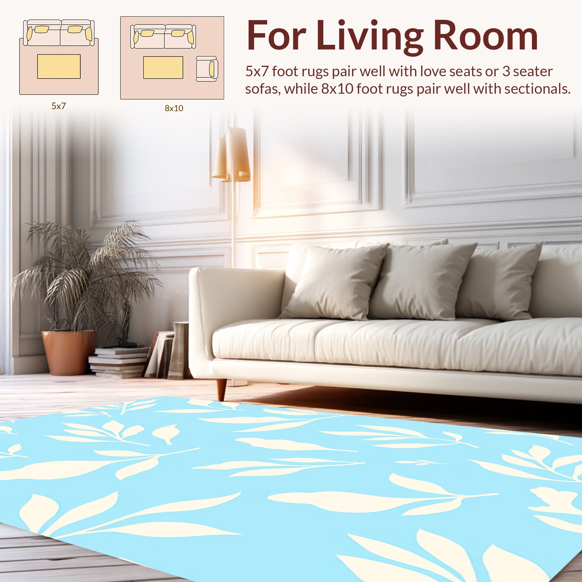 Light Blue Botanical Leaf Pattern Rug