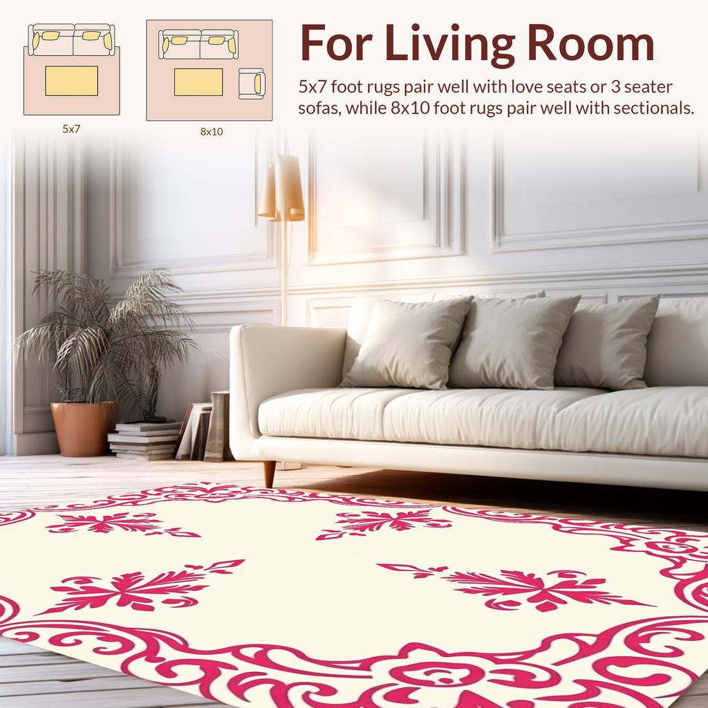 Ornate Pink Floral Scroll Pattern Rug