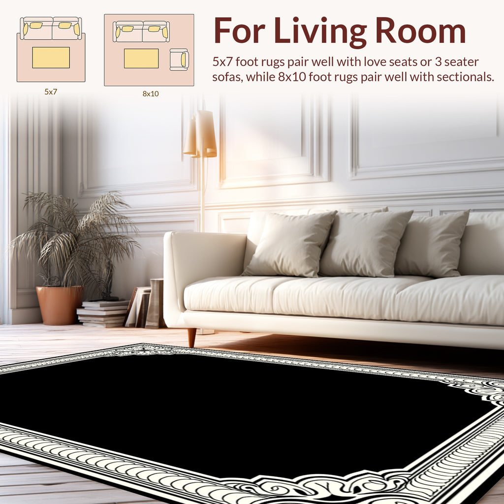 Ornate Abstract Black Cream Frame Rug
