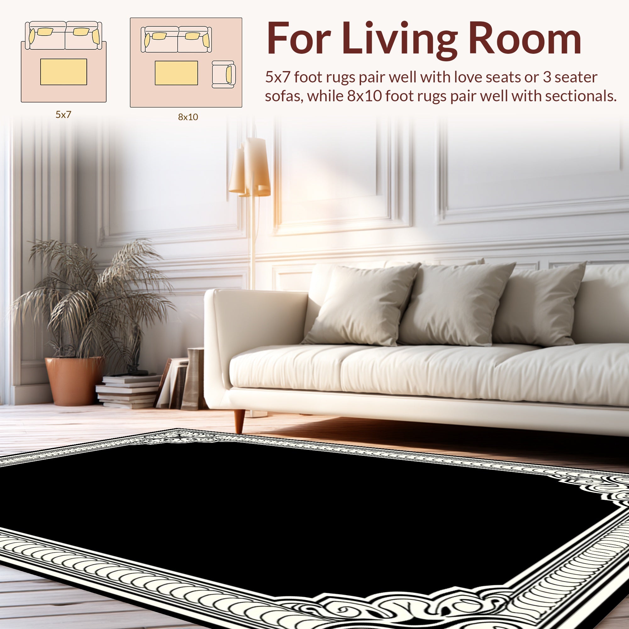 Ornate Abstract Black Cream Frame Rug