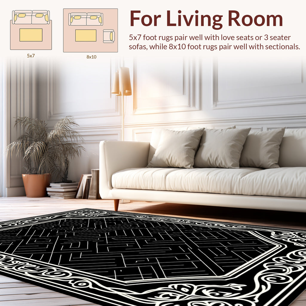 Black White Maze Patterned Border Rug