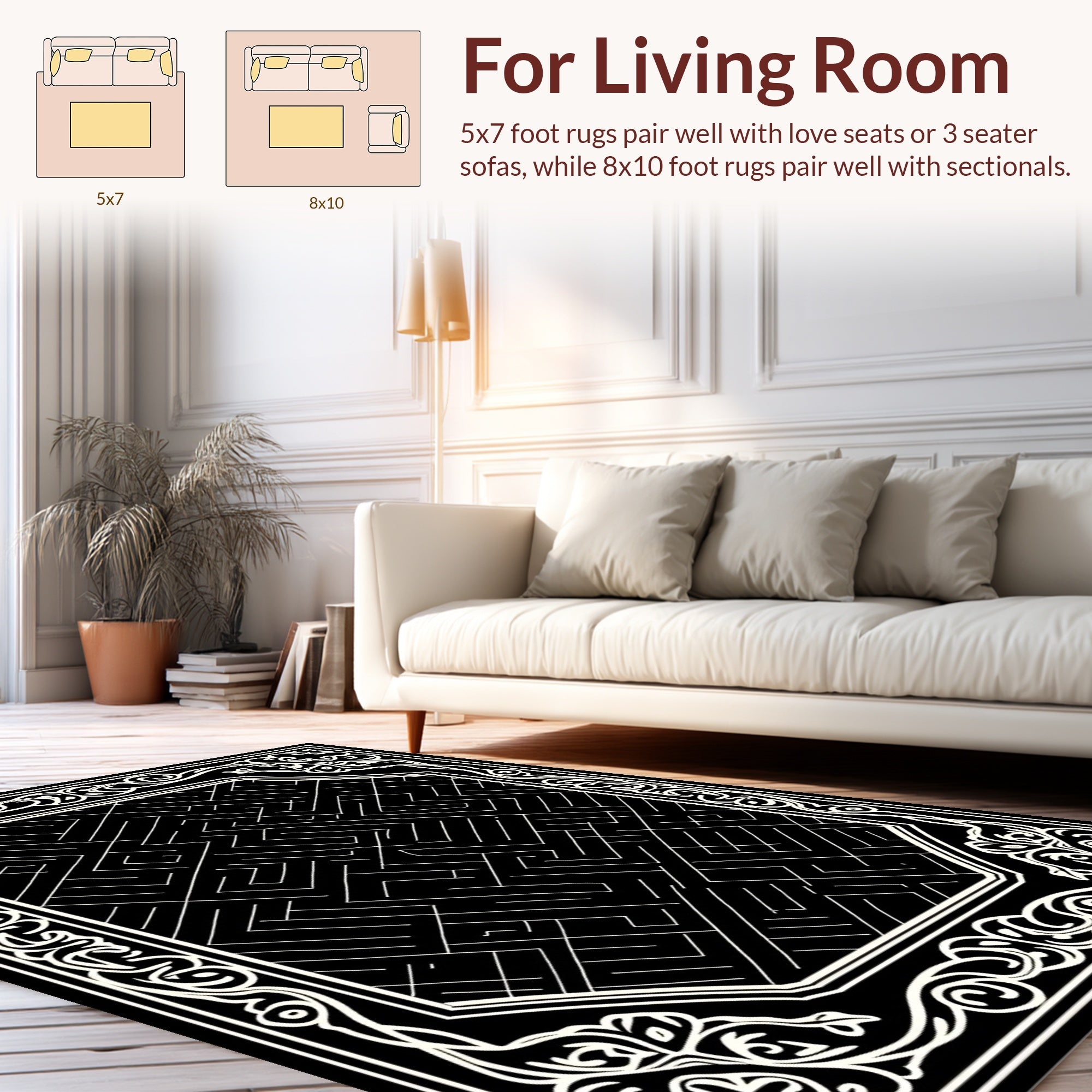 Black White Maze Patterned Border Rug