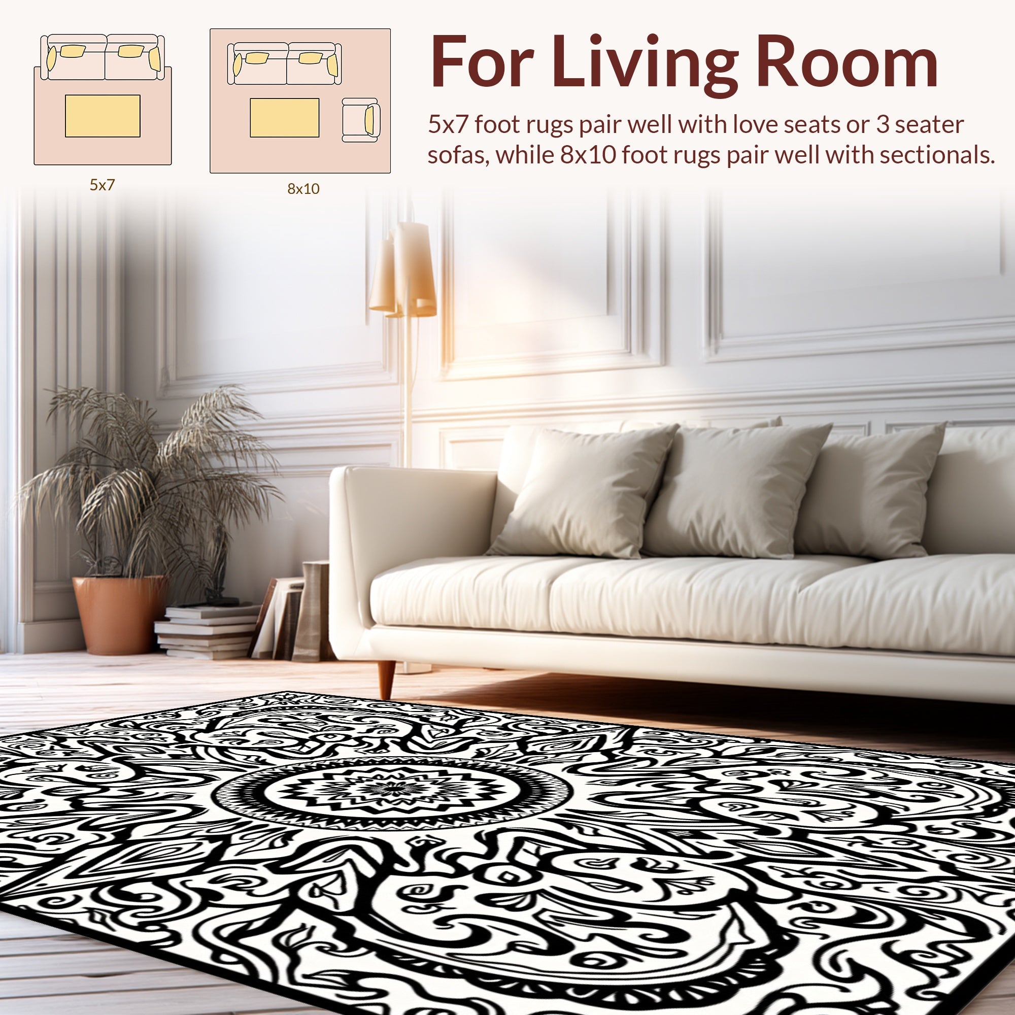 Ornate Black White Mandala Pattern Rug