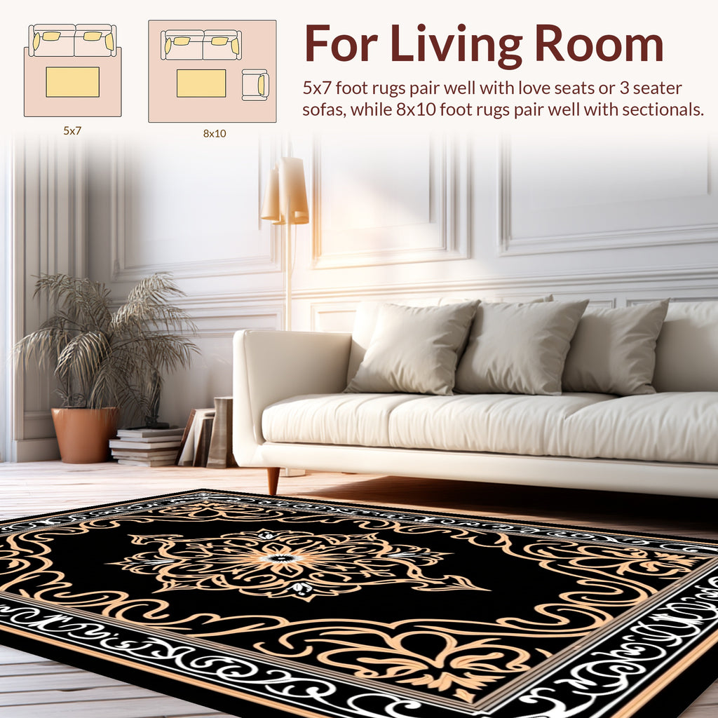 Elegant Floral Medallion Black Orange Rug