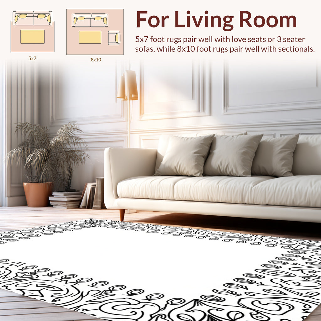 Black White Ornate Floral Scrollwork Pattern Rug