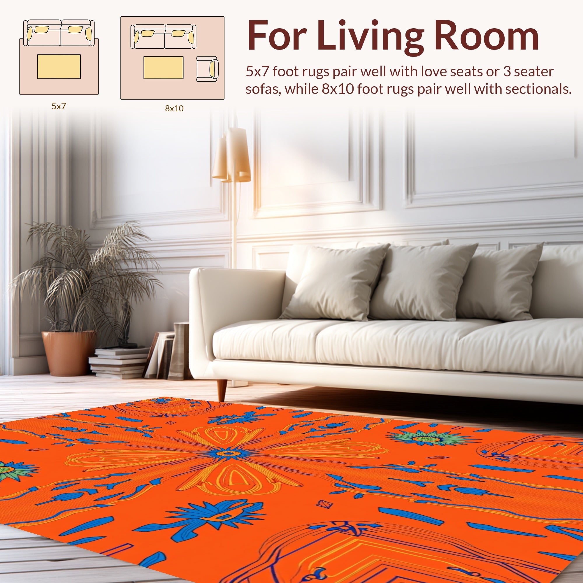 Vibrant Orange Blue Floral Symmetry Rug