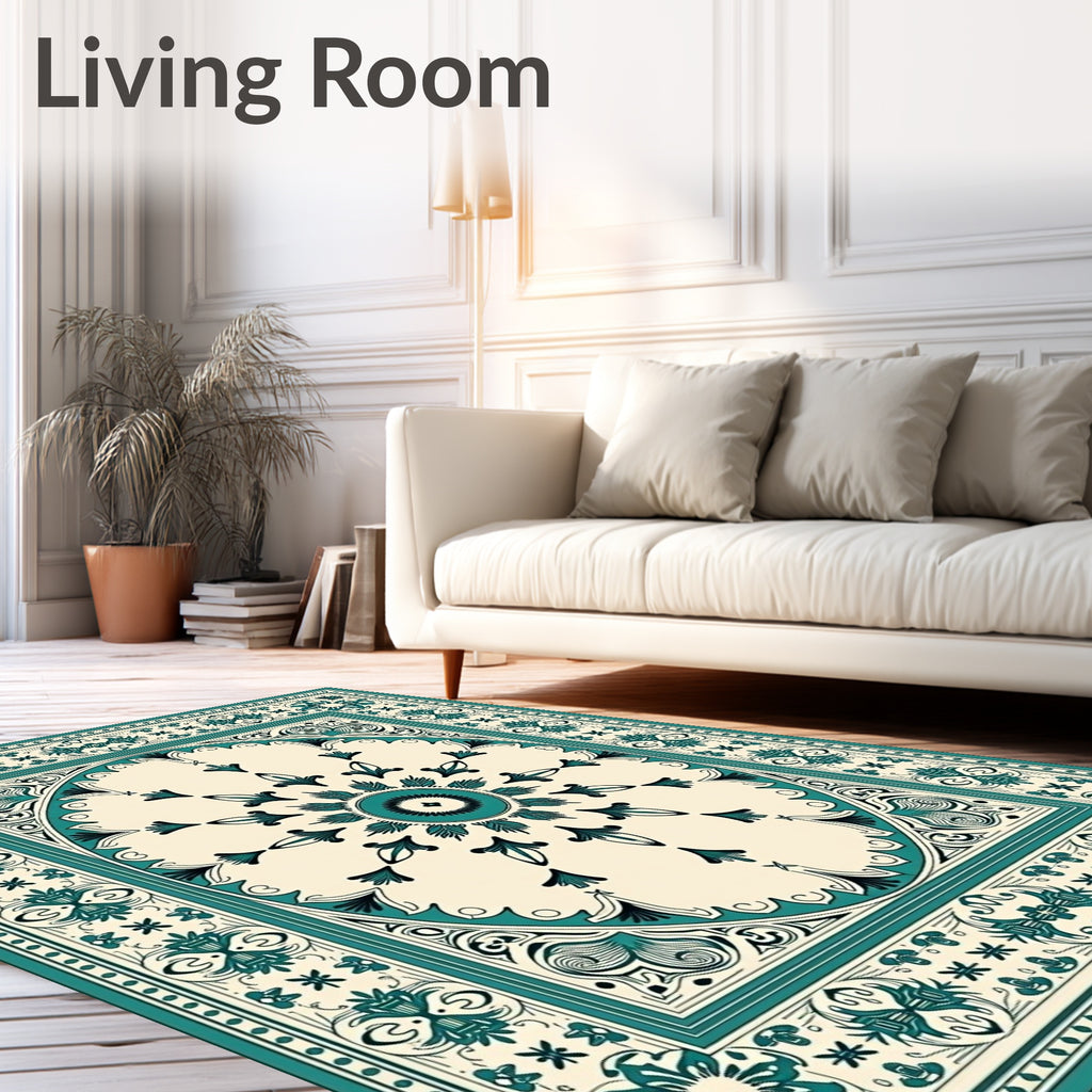 Teal Floral Medallion Cream Border Rug