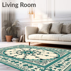 Teal Floral Medallion Cream Border Rug