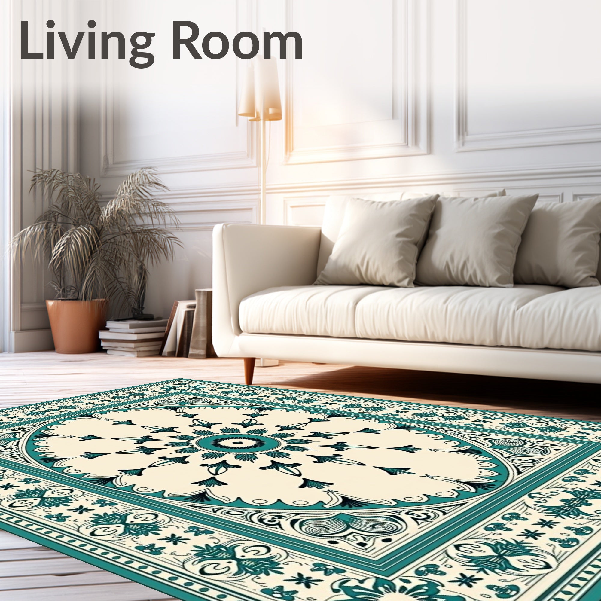 Teal Floral Medallion Cream Border Rug