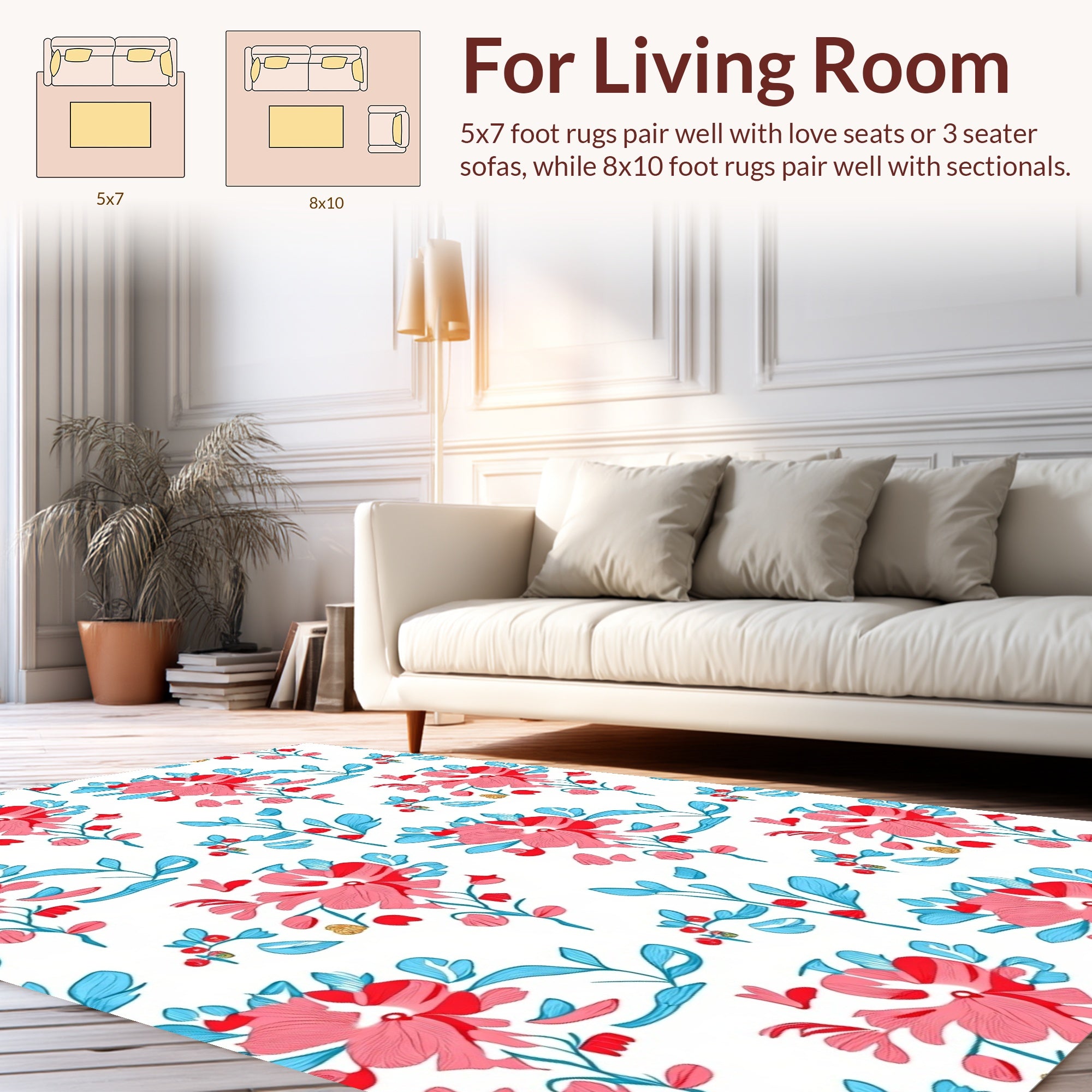 Vibrant Pink Floral Blue Leaf Pattern Rug
