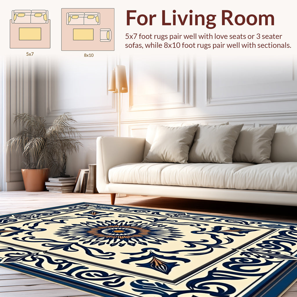 Navy Gold Floral Sunburst Medallion Rug