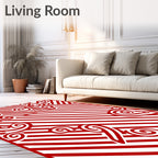 Red White Swirling Vine Diagonal Stripes Rug