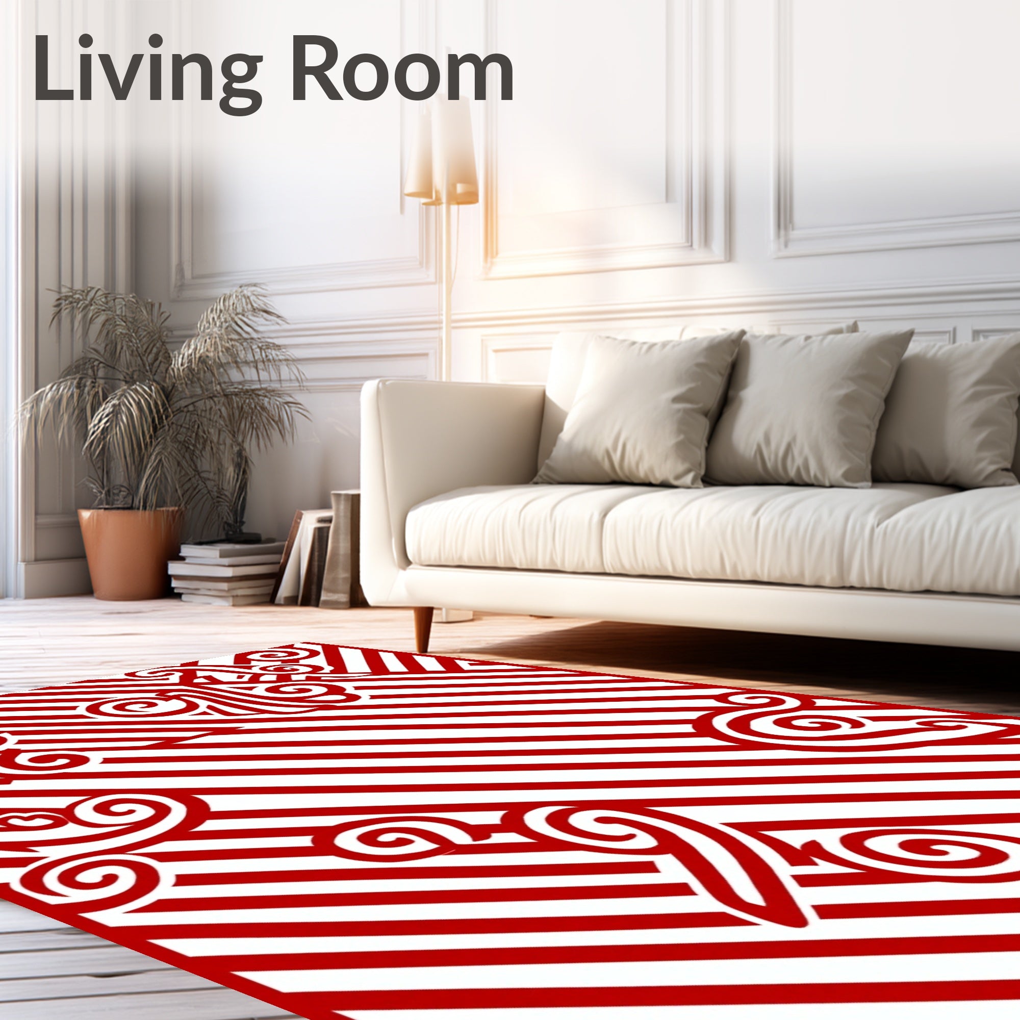 Red White Swirling Vine Diagonal Stripes Rug