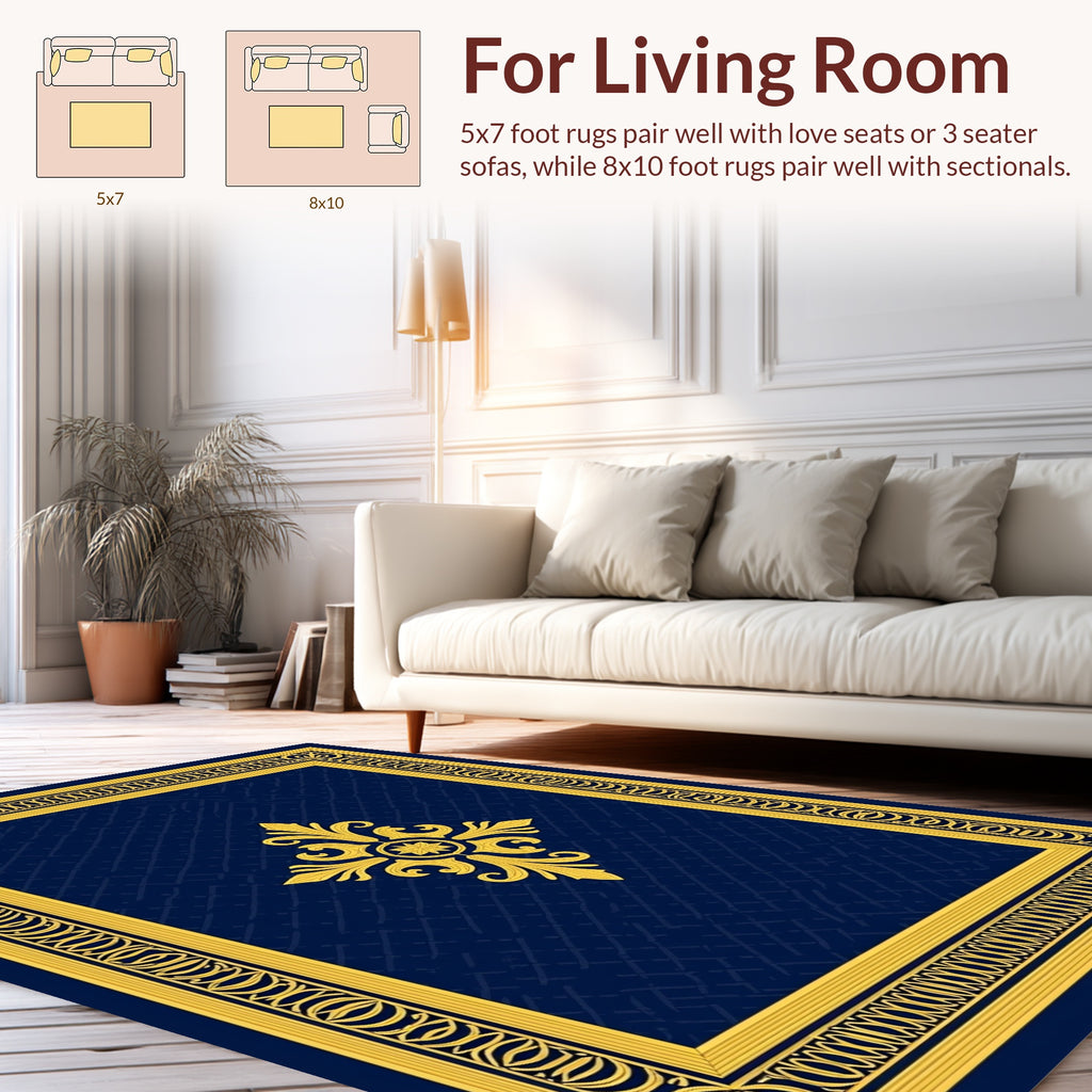Classic Blue Gold Ornate Scroll Design Rug