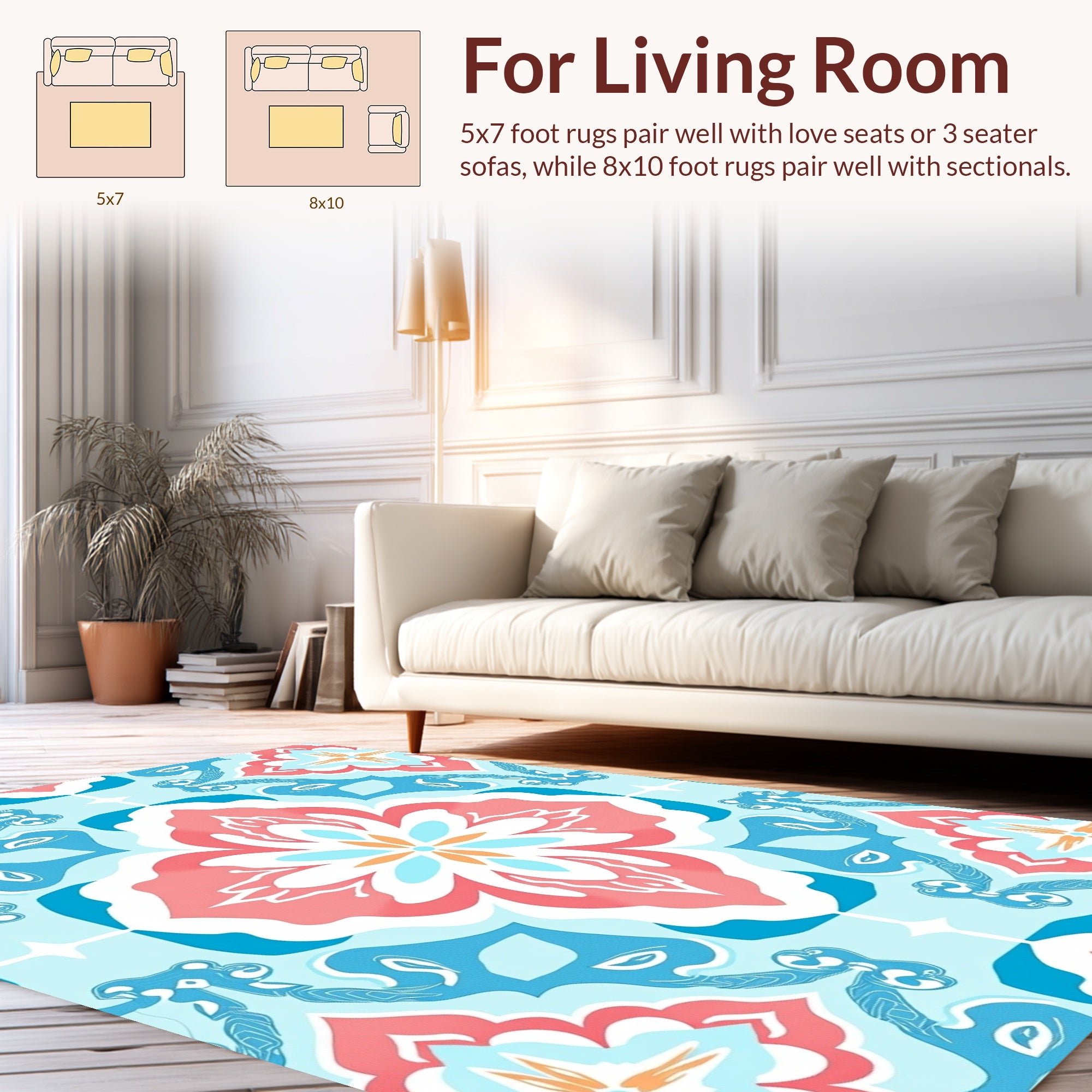 Coral Blue Floral Medallion Pattern Rug