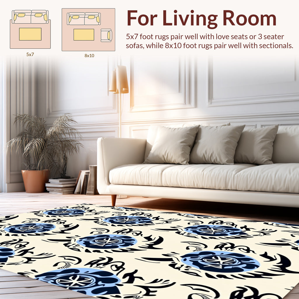 Blue Black Floral Swirl Pattern Rug