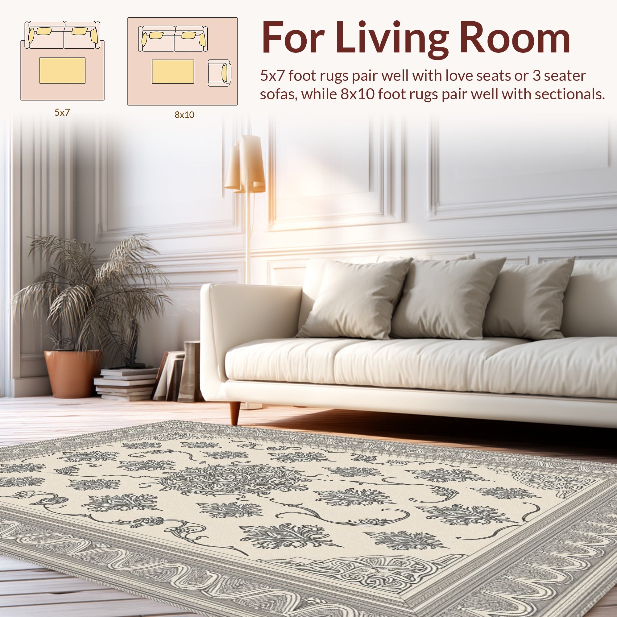Ornate Floral Scrollwork Detailed Frame Rug