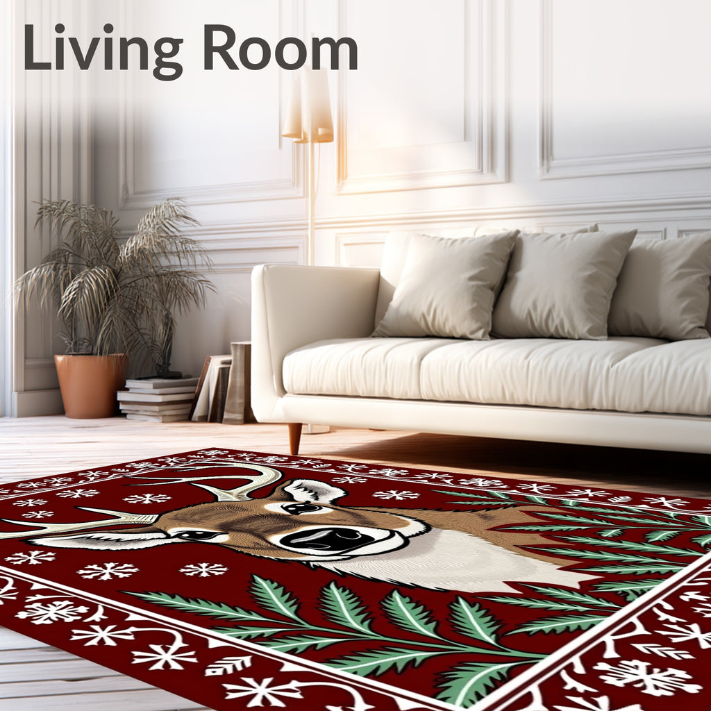 Crimson Deer Snowflake Botanical Frame Rug
