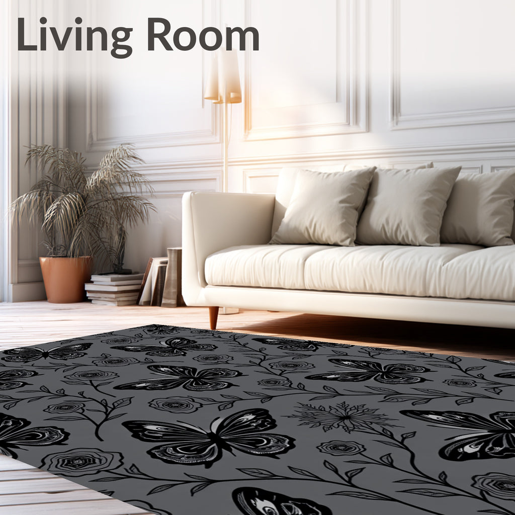 Dark Gray Butterfly Bloom Garden Rug