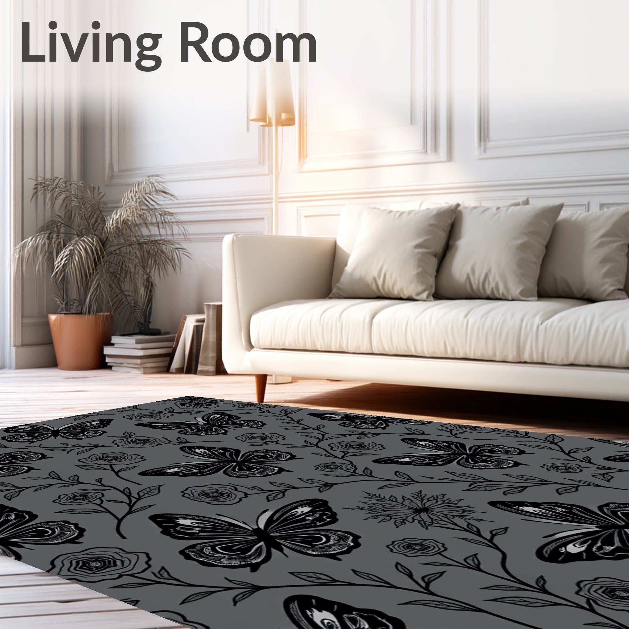 Dark Gray Butterfly Bloom Garden Rug