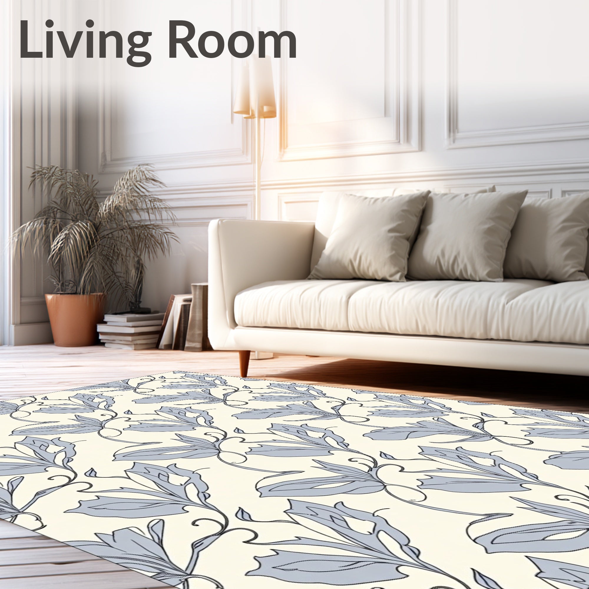 Cream And Blue Floral Vine Pattern Rug