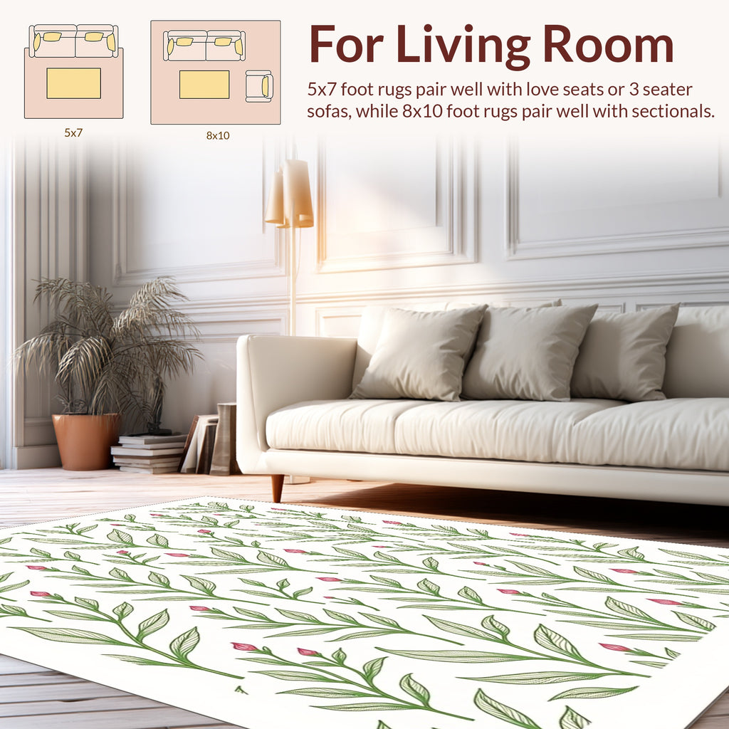 Delicate Green Leaf Pink Bud Pattern Rug
